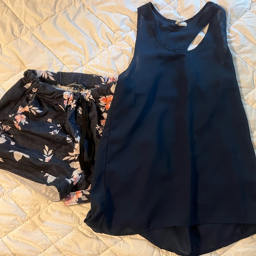 Navy Tank Top and Floral Shorts Set